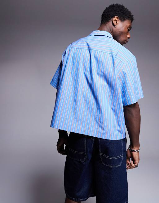 ASOS DESIGN boxy oversized revere shirt in red and blue stripe, 4 of 4