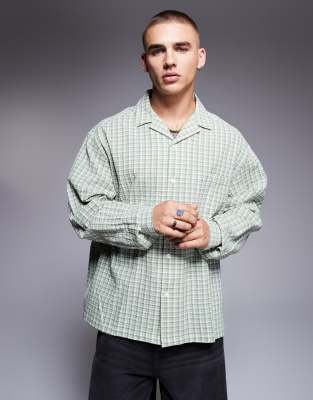 ASOS DESIGN boxy oversized revere shirt in sage dad check-Green
