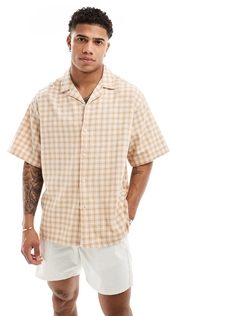 ASOS DESIGN boxy oversized revere shirt in stone dad check-Neutral