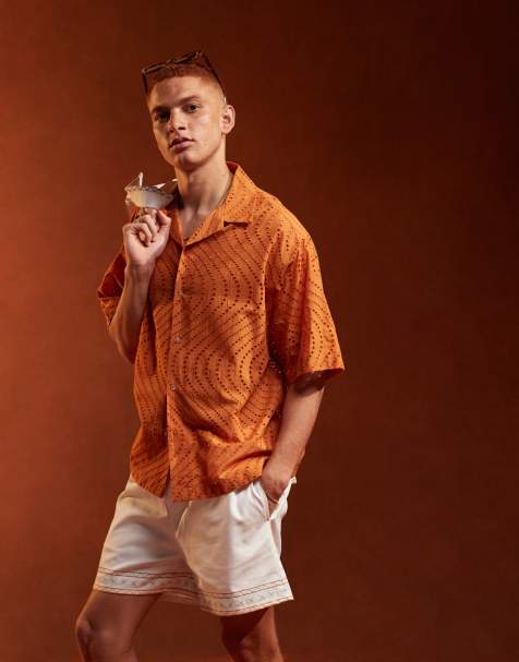 ASOS DESIGN boxy oversized revere shirt in wavy broderie - view 1
