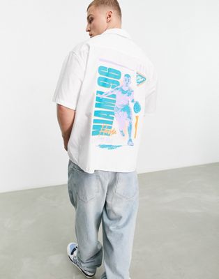 ASOS DESIGN boxy oversized revere shirt in white with basketball back print