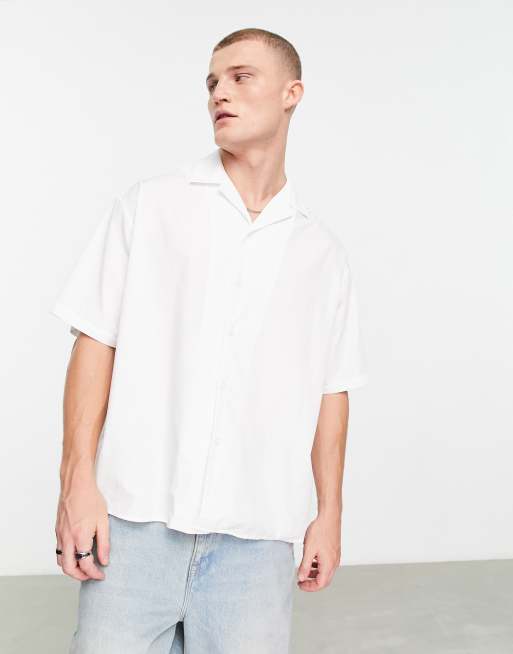 ASOS DESIGN boxy oversized revere shirt in white with basketball back print, 2 of 4