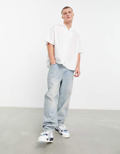 ASOS DESIGN boxy oversized revere shirt in white with basketball back print, 3 of 4