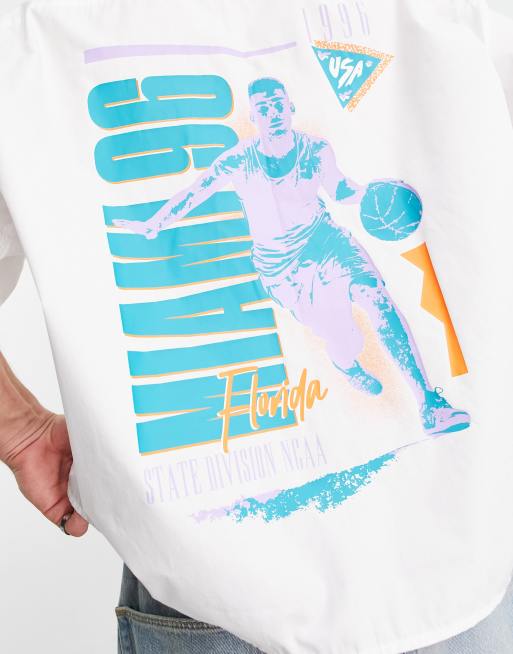 ASOS DESIGN boxy oversized revere shirt in white with basketball back print, 4 of 4