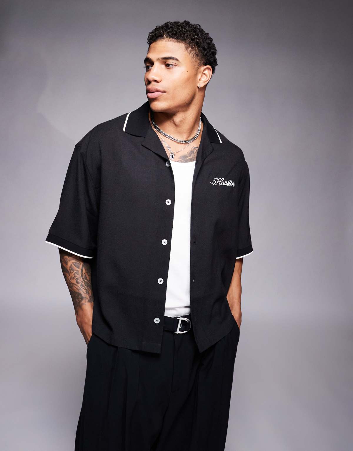 ASOS DESIGN boxy oversized revere shirt with chest chain embroidery in black