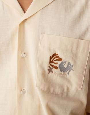 Asos Design Boxy Oversized Revere Shirt With Chest Embroidery In Neutral