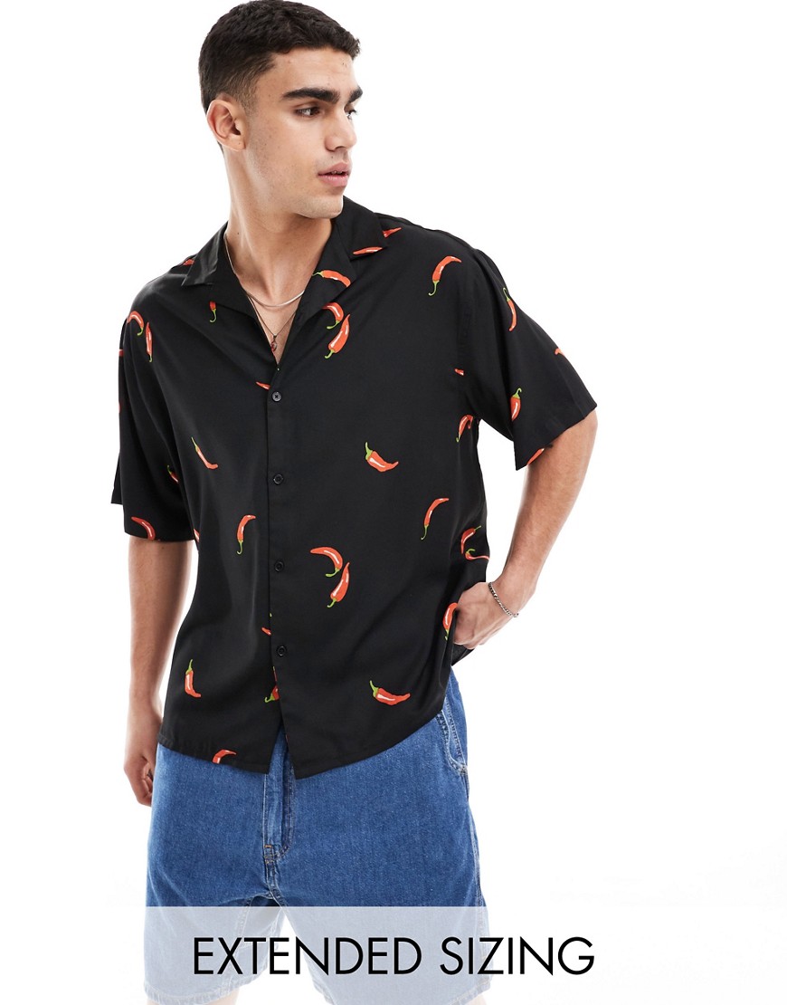 ASOS DESIGN boxy oversized revere shirt with chilli pepper print-Black