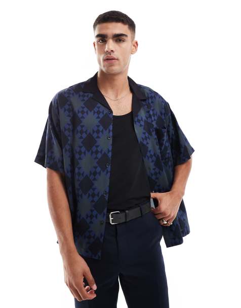ASOS DESIGN boxy oversized revere shirt with diamond geo print in blue - view 1