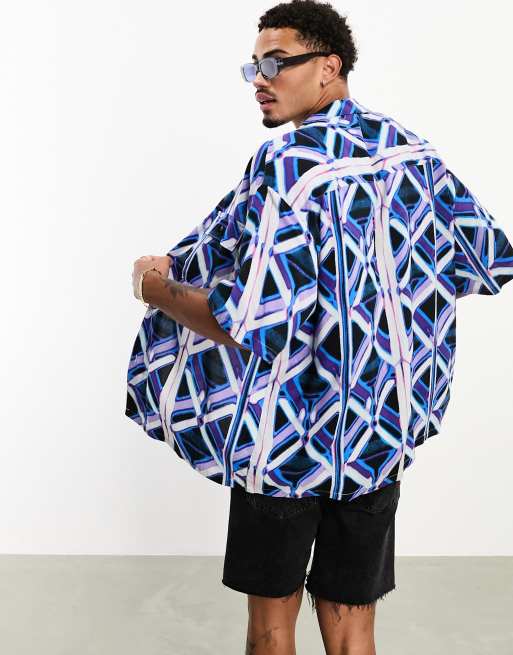 ASOS DESIGN boxy oversized revere shirt with double pockets in large geo print, 2 of 4