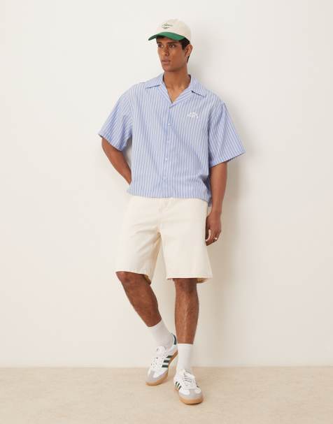 ASOS DESIGN boxy oversized revere shirt with embroidery in blue and white stripe - view 1