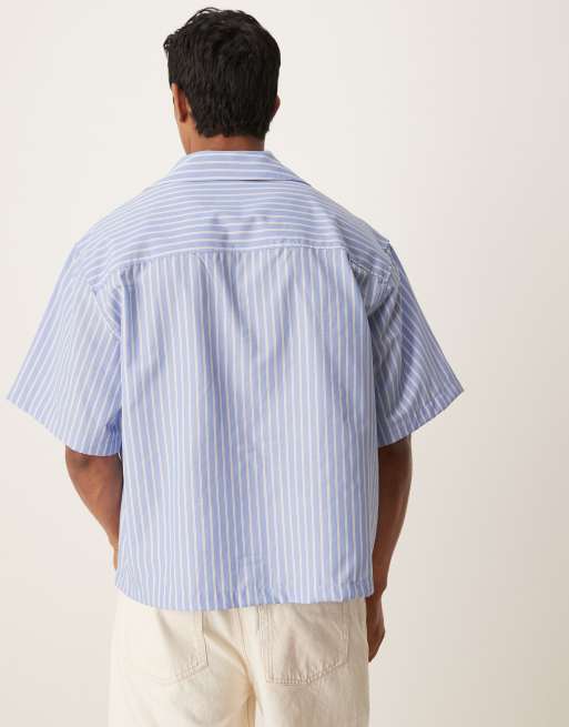 ASOS DESIGN boxy oversized revere shirt with embroidery in blue and white stripe 