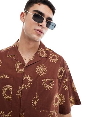 ASOS DESIGN boxy oversized revere linen look shirt with tobacco sun print