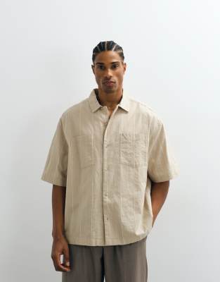 Asos Design Boxy Oversized Revere Stripe Shirt In Neutral