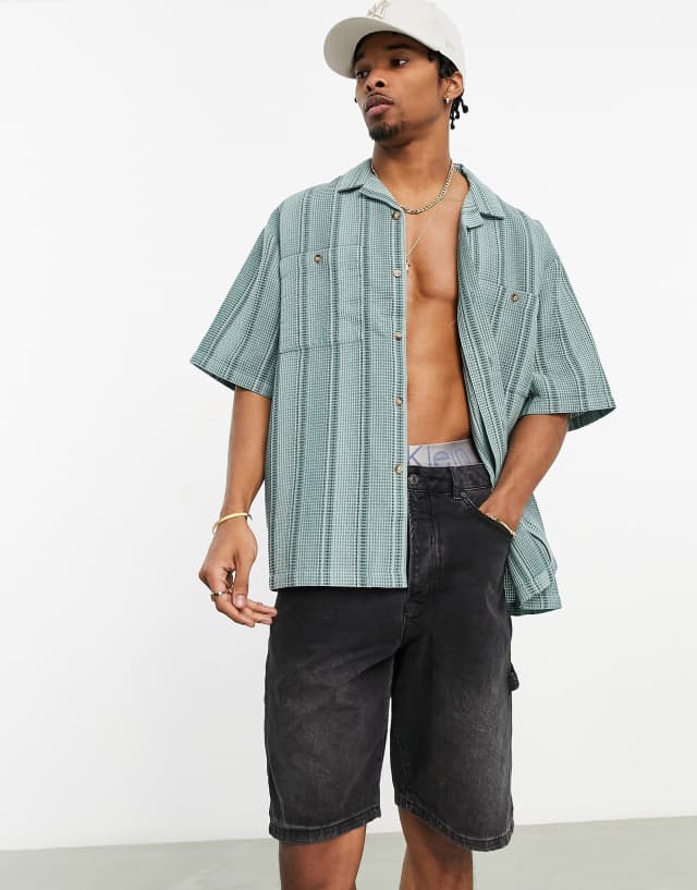 ASOS DESIGN boxy oversized revere stripe shirt with waffle texture in green