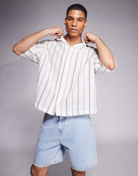 ASOS DESIGN boxy oversized revere texture shirt in red and white stripe - view 1