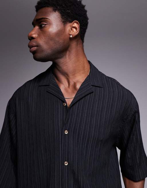 ASOS DESIGN boxy oversized revere textured shirt in black, 3 of 4