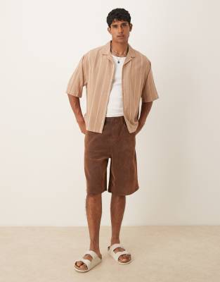 ASOS DESIGN boxy oversized revere textured shirt in stone and white stripe