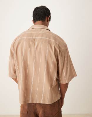 ASOS DESIGN boxy oversized revere textured shirt in stone and white stripe