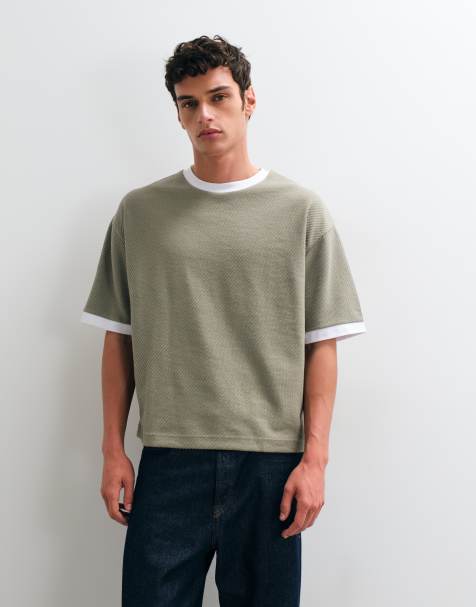 ASOS DESIGN boxy oversized ringer t-shirt in greige textured fabric - view 1