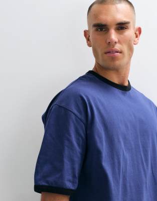Asos Design Boxy Oversized Ringer T-shirt In Navy