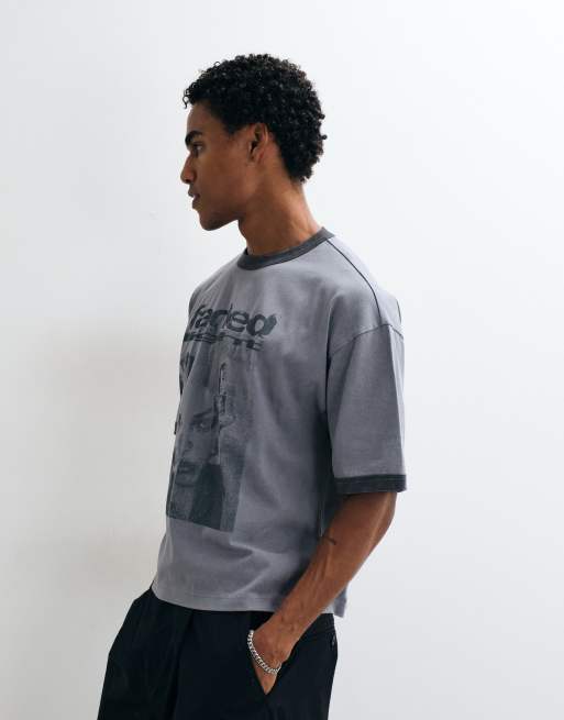 ASOS DESIGN boxy oversized ringer t-shirt with graphic in washed gray, 4 of 5