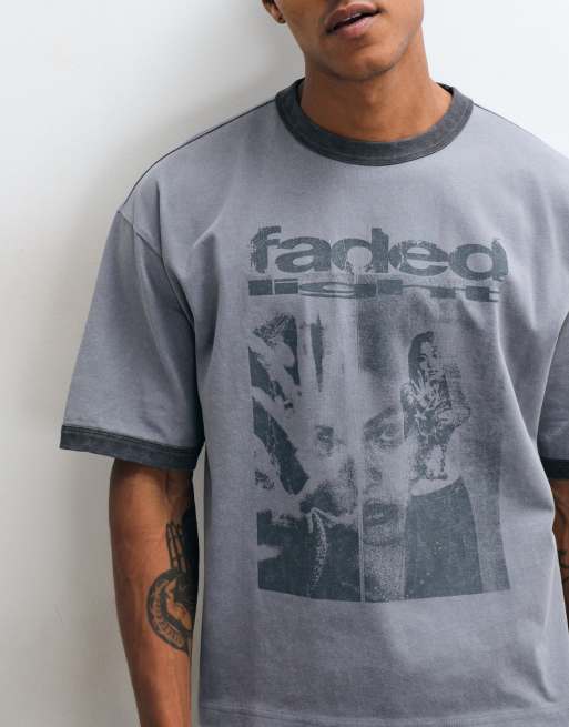 ASOS DESIGN boxy oversized ringer t-shirt with graphic in washed grey, 2 of 5
