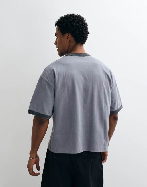 ASOS DESIGN boxy oversized ringer t-shirt with graphic in washed grey, 5 of 5