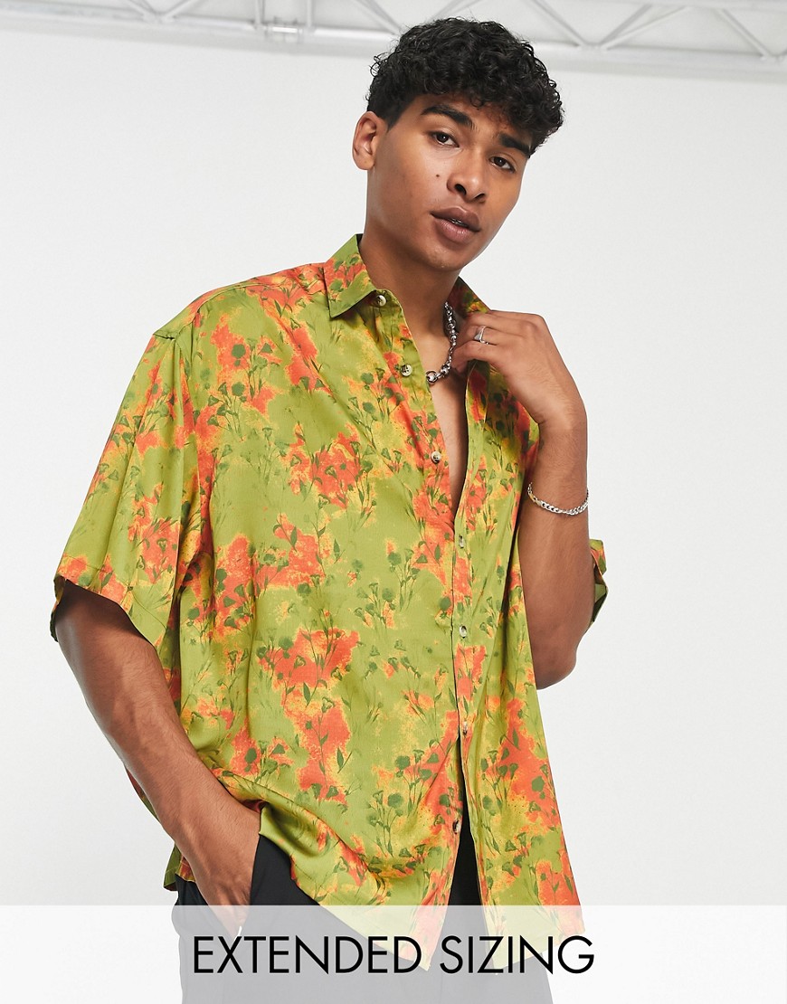 ASOS DESIGN boxy oversized satin shirt in blossom floral print-Green