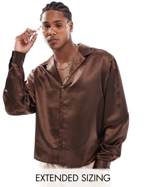 ASOS DESIGN boxy oversized satin shirt in dark brown - view 1