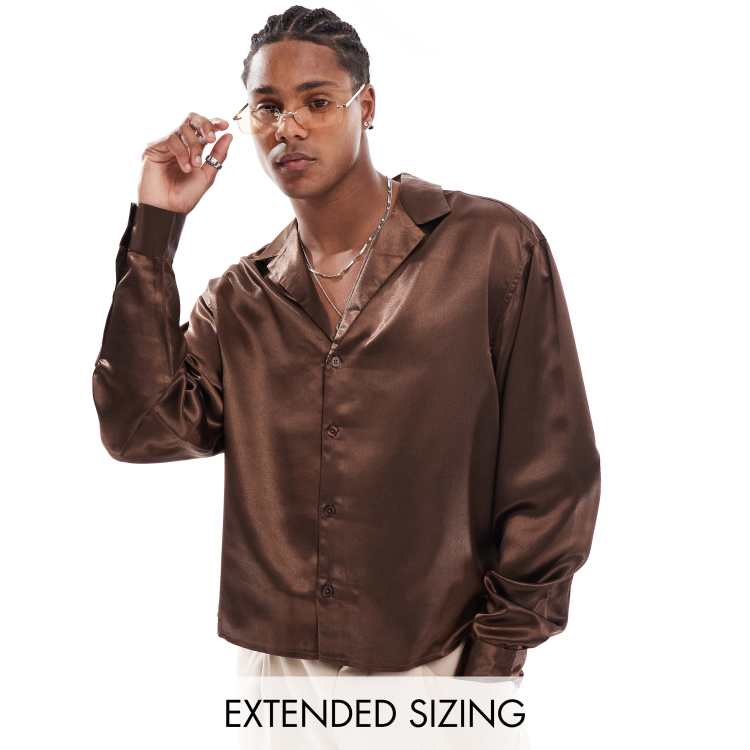 ASOS DESIGN boxy oversized satin shirt in dark brown | ASOS