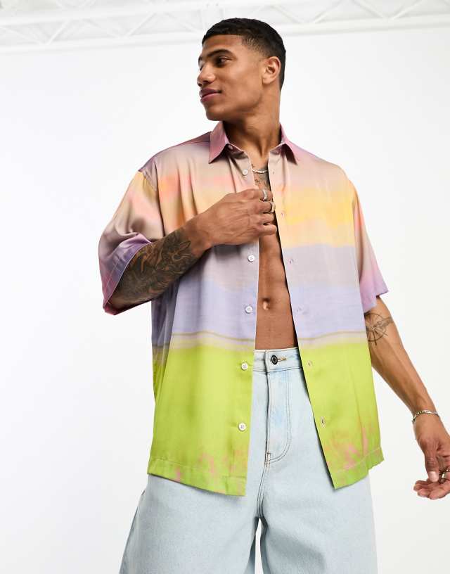 ASOS DESIGN boxy oversized satin shirt in pastel scenic print