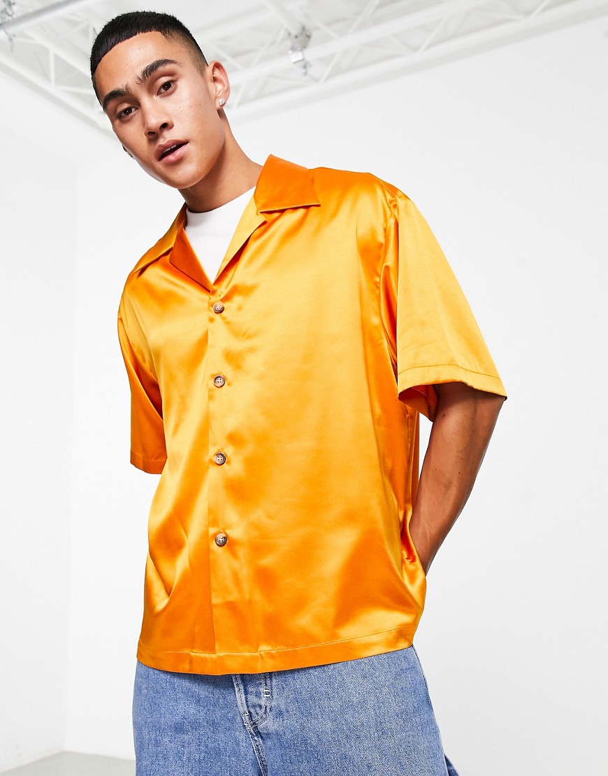 Asos Design Boxy Oversized Satin Shirt With Wide Camp Collar In Orange