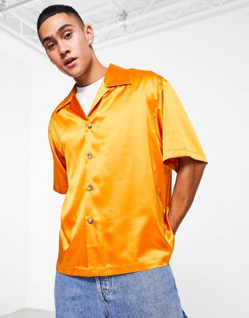 ASOS DESIGN boxy oversized satin shirt with wide camp collar in orange |  ASOS