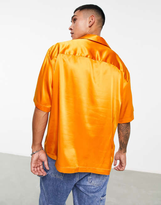 ASOS DESIGN boxy oversized satin shirt with wide revere collar in orange