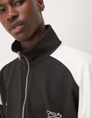 Asos Design Boxy Oversized Scuba Funnel Neck Sweatshirt With Print In Black
