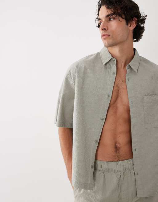 ASOS DESIGN boxy oversized seersucker shirt in sage green (Part of a set), 3 of 5