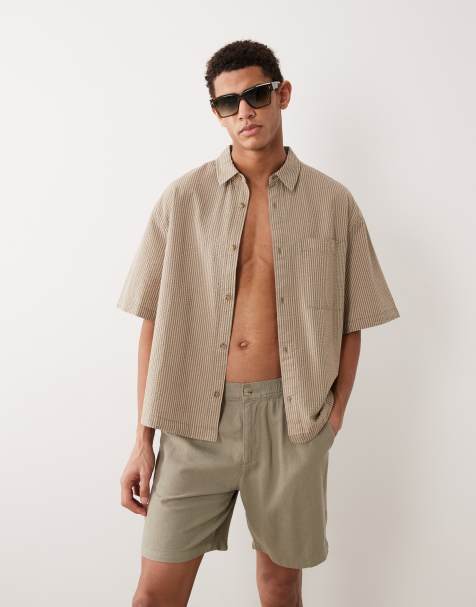 ASOS DESIGN boxy oversized seersucker stripe shirt in beige - view 1