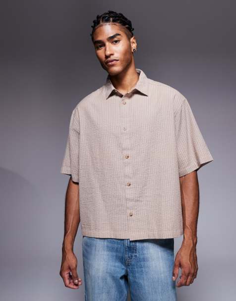 ASOS DESIGN boxy oversized seersucker stripe shirt in brown - view 1