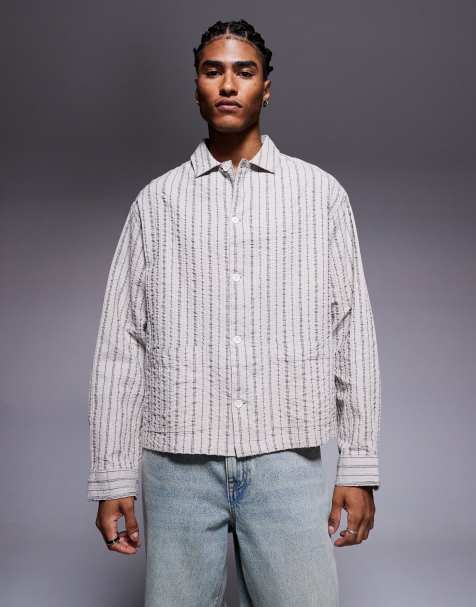 ASOS DESIGN boxy oversized seersucker striped shirt in neutral - view 1