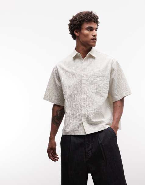 ASOS DESIGN boxy oversized seersucker striped shirt in white and beige - view 1
