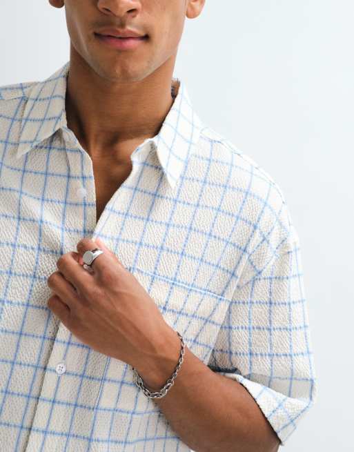 ASOS DESIGN boxy oversized seersucker windowpane check shirt in ecru, 3 of 5