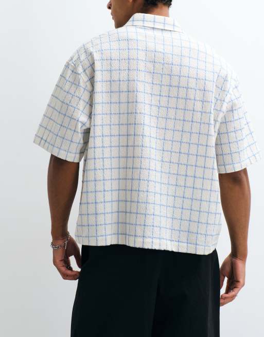ASOS DESIGN boxy oversized seersucker windowpane check shirt in ecru, 4 of 5