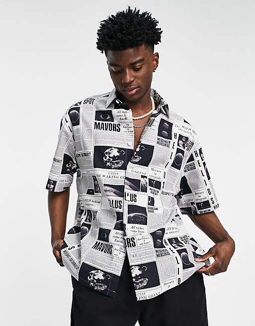 ASOS DESIGN boxy oversized shirt in all over newspaper print | ASOS