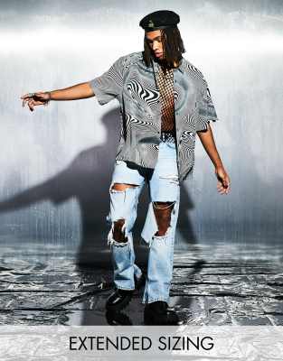 ASOS DESIGN boxy oversized shirt in black and white warpy print - ASOS Price Checker