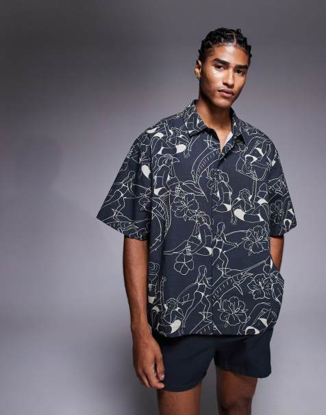ASOS DESIGN boxy oversized shirt in black summer print - part of a set - view 1