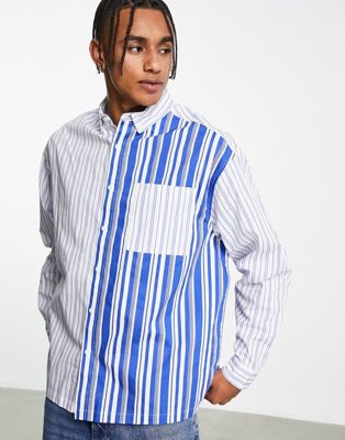 ASOS DESIGN boxy oversized shirt in blue and white patchwork stripe