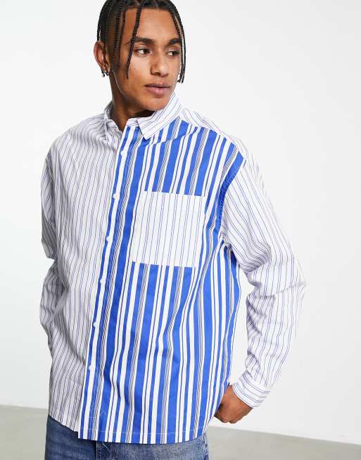 ASOS DESIGN boxy oversized shirt in blue and white patchwork stripe | ASOS