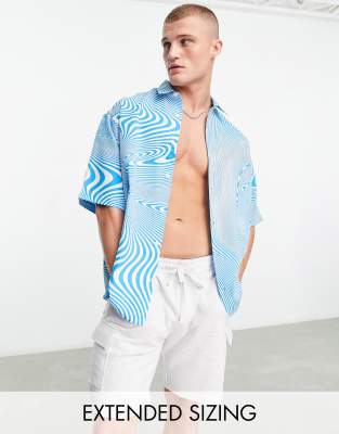 Asos Design Boxy Oversized Shirt In Blue Swirl Print