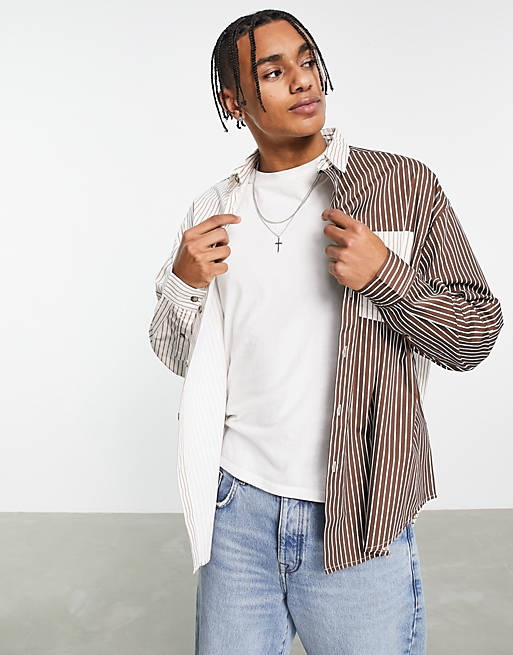 Men boxy oversized shirt in brown and beige patchwork stripe 