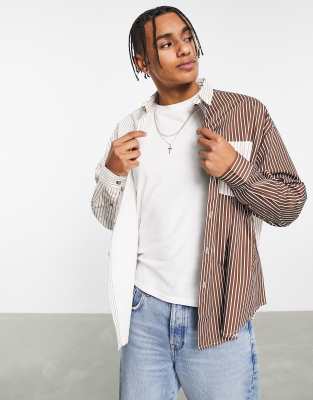 ASOS DESIGN boxy oversized shirt in brown and beige patchwork stripe